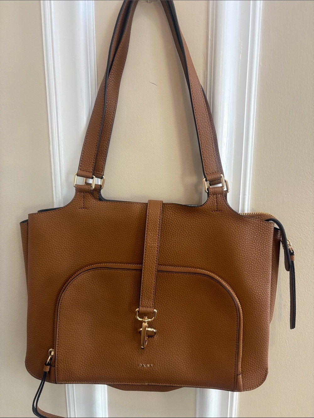 DKNY Tan Pebbled Leather Shoulder Tote with Front Pocket